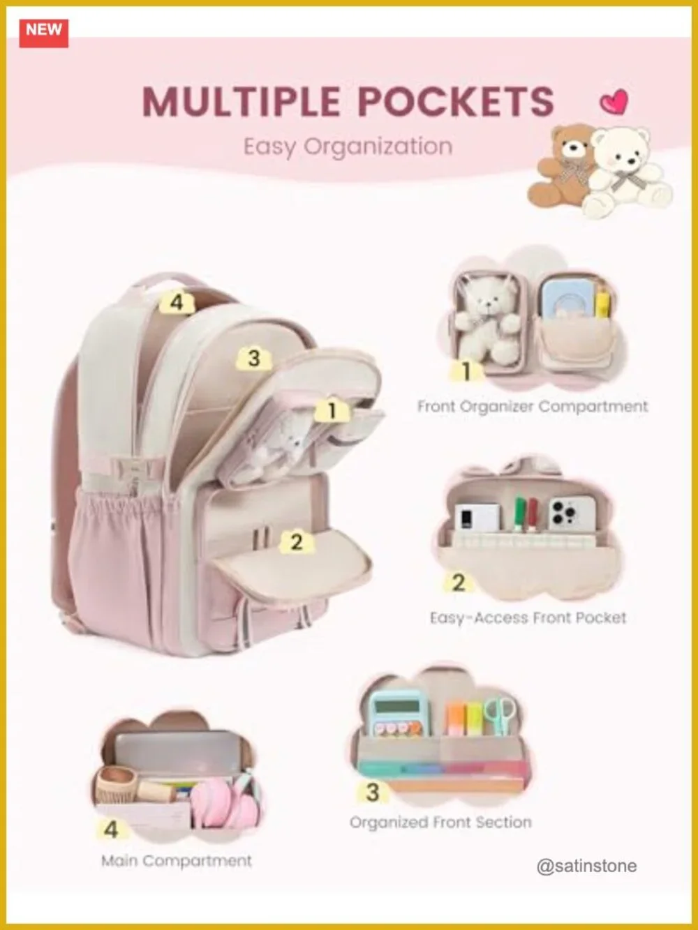 Girls School Backpack with Plush Bear, Laptop Compatible, 3 Compartments, 17